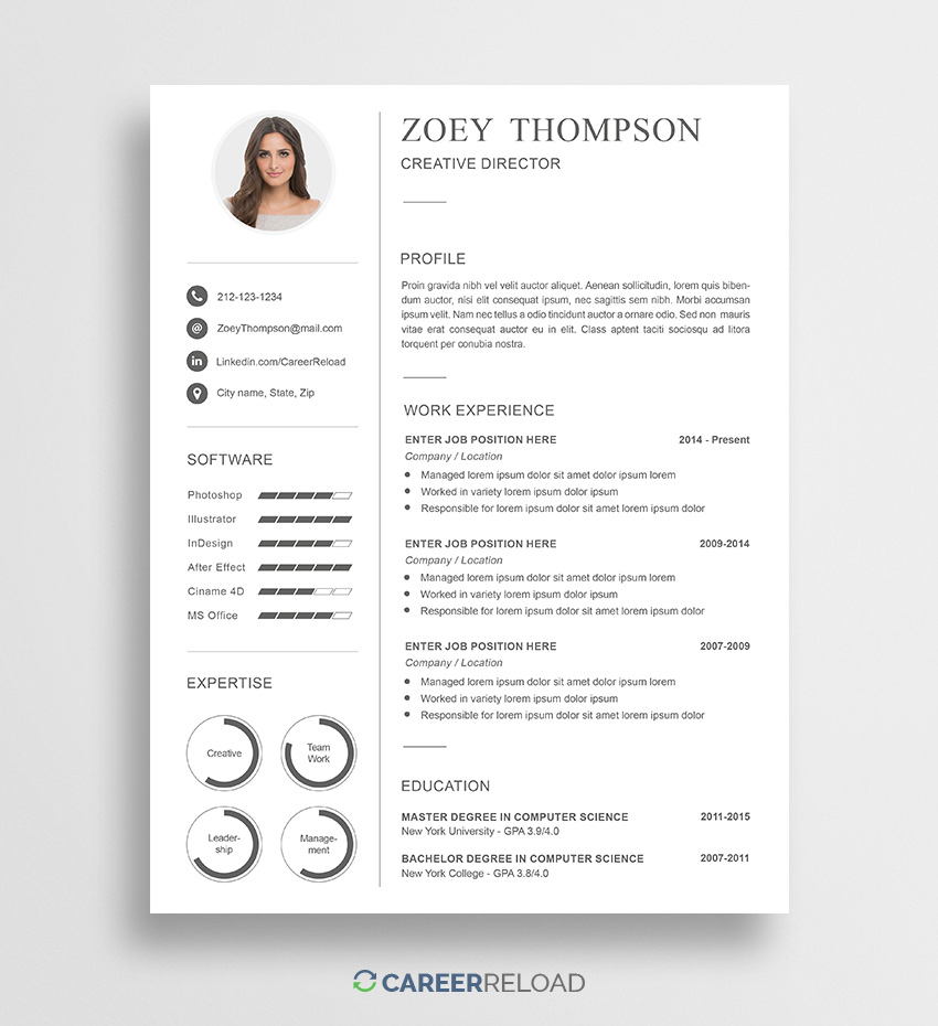 Free Modern Resume Template Zoey Career Reload throughout proportions 850 X 930