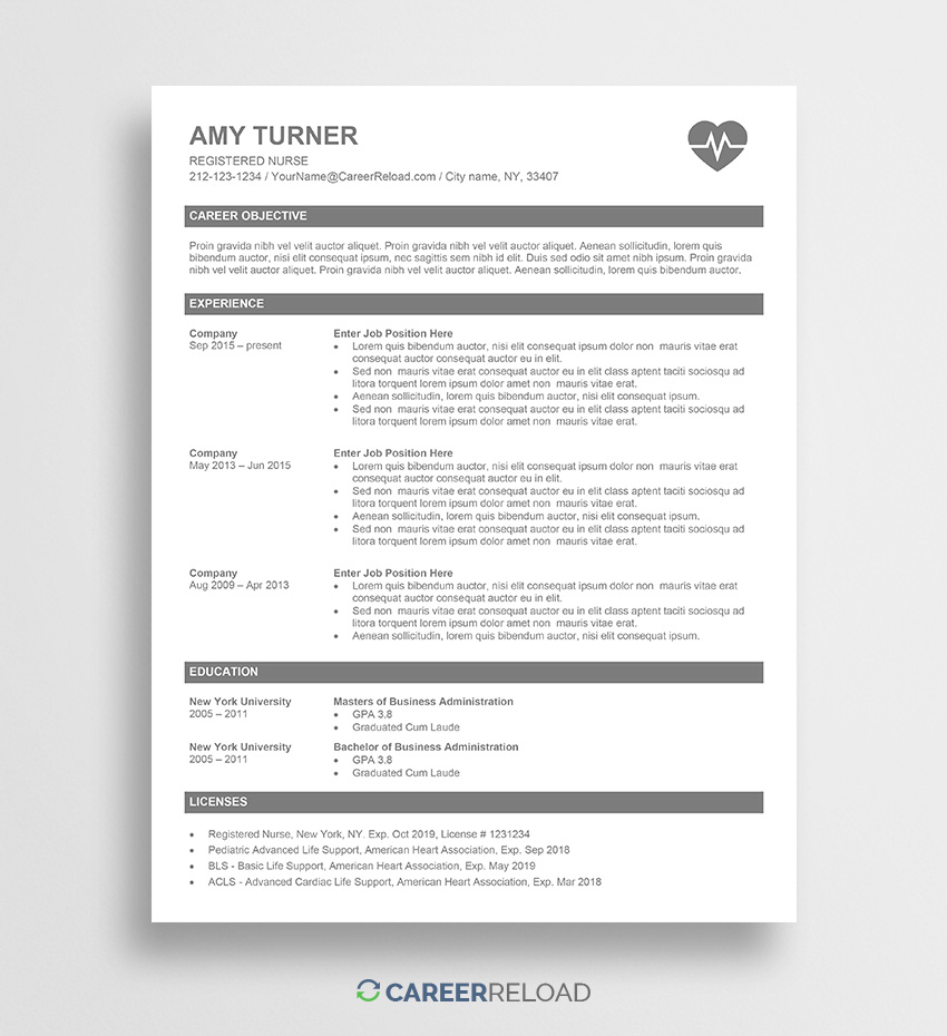 Free Nurse Resume Template Amy Career Reload intended for size 850 X 930