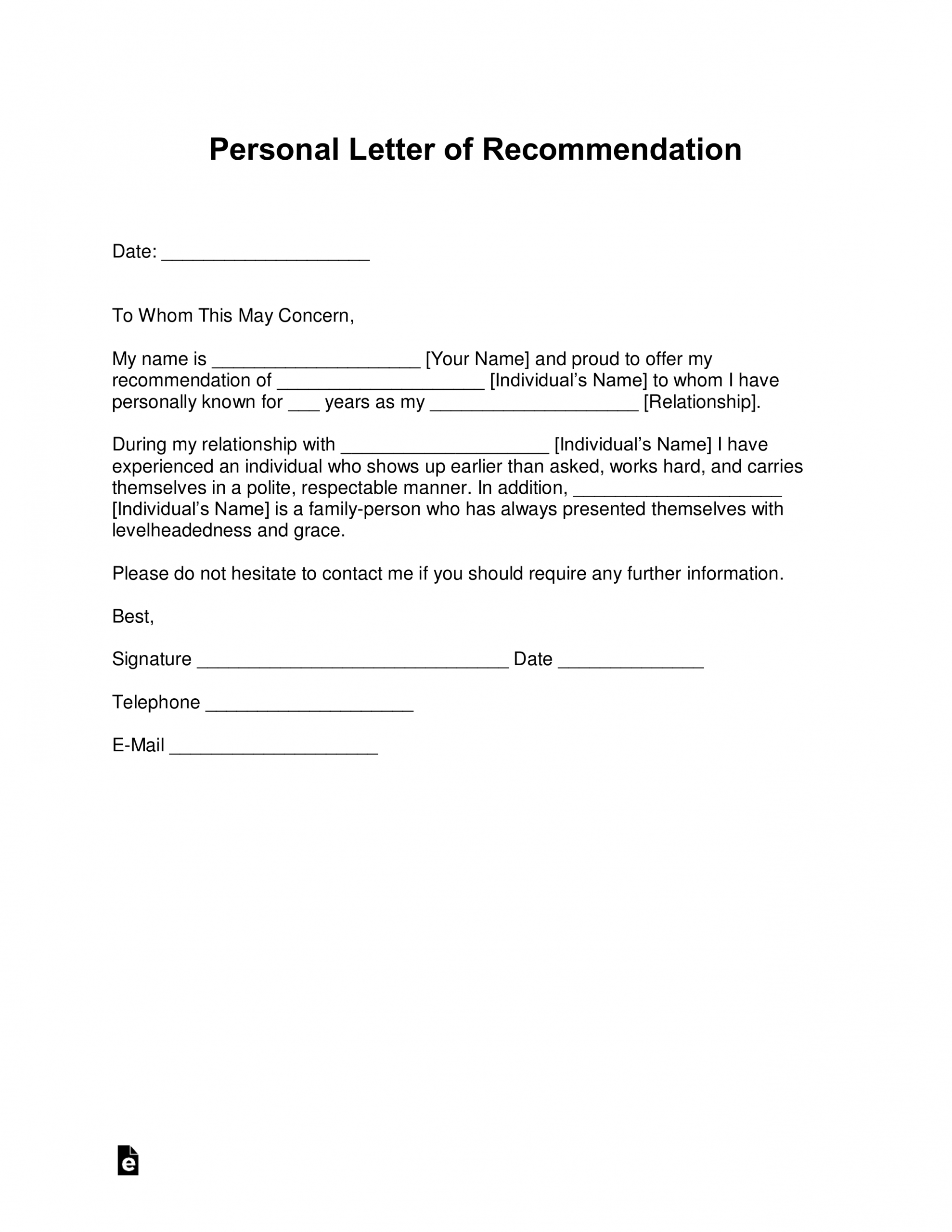 Free Personal Letter Of Recommendation Template For A in proportions 2550 X 3301