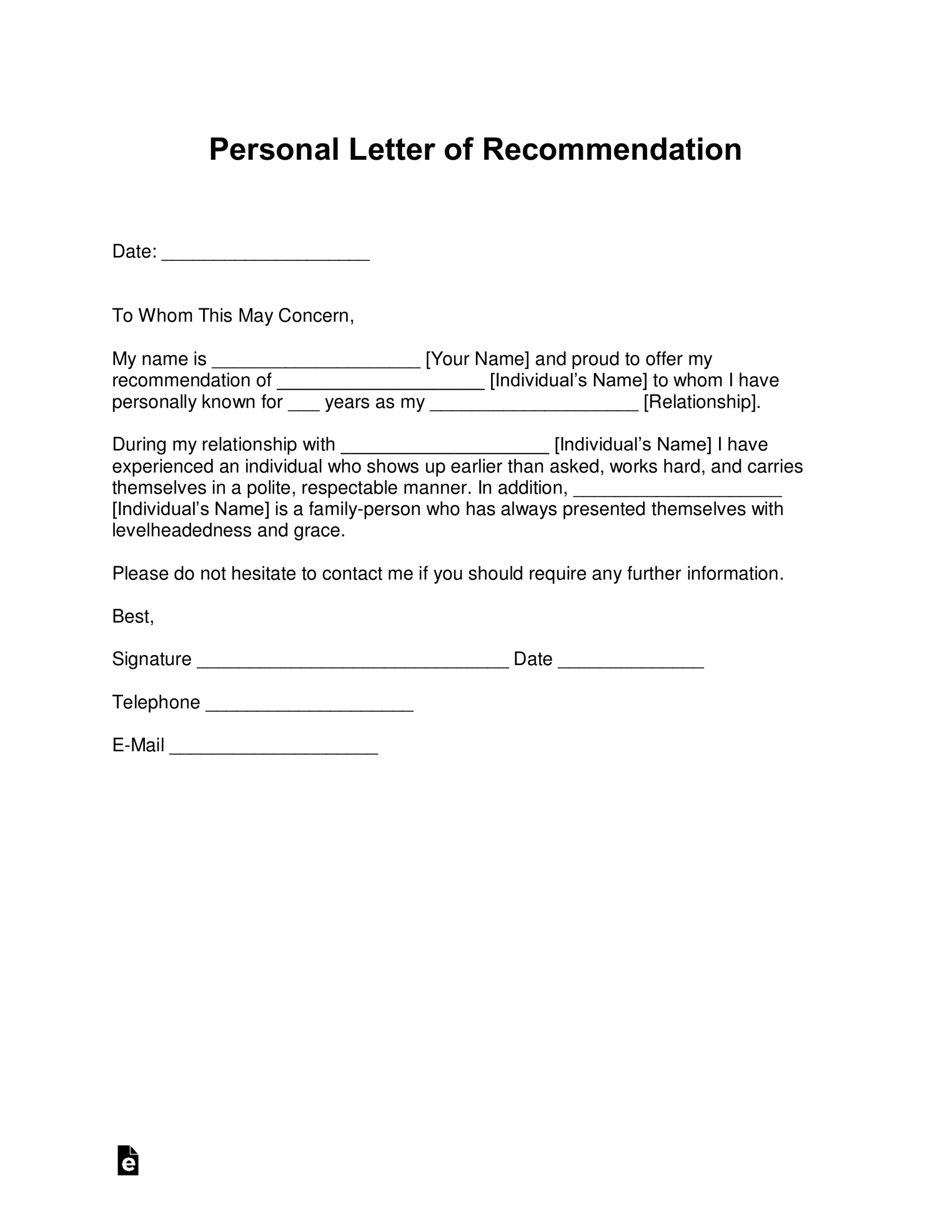 Free Personal Letter Of Recommendation Template For A inside size 2550 X 3301