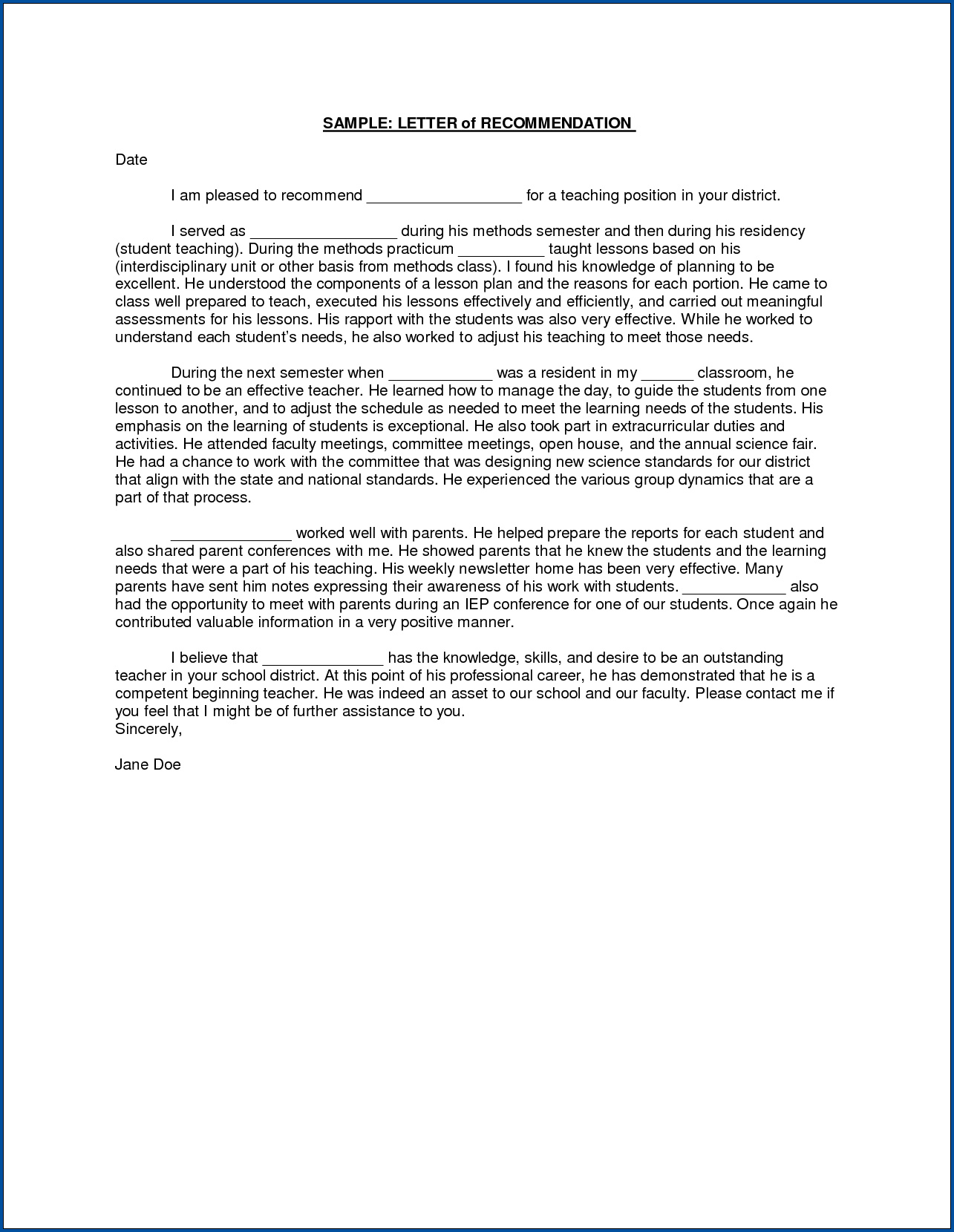 Free Printable Letter Of Recommendation For Teacher From with size 1285 X 1660