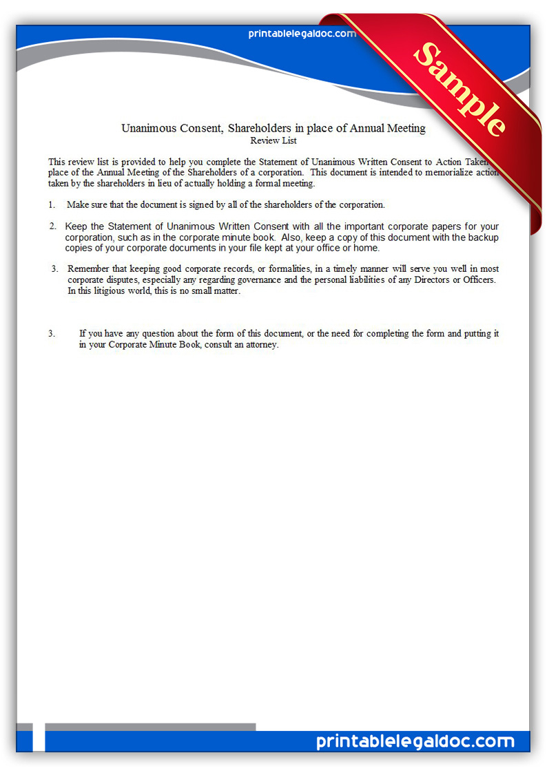 Unanimous Written Consent In Lieu Of Meeting Template • Invitation