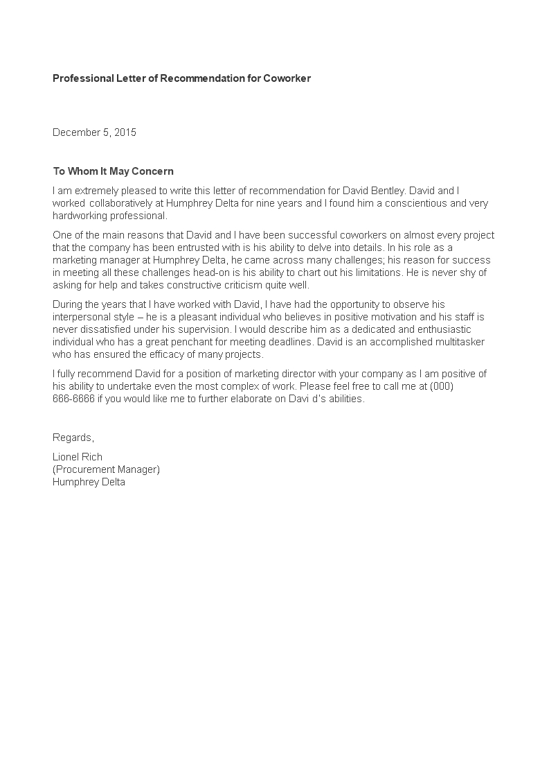 Free Professional Letter Of Recommendation For Coworker with proportions 793 X 1122