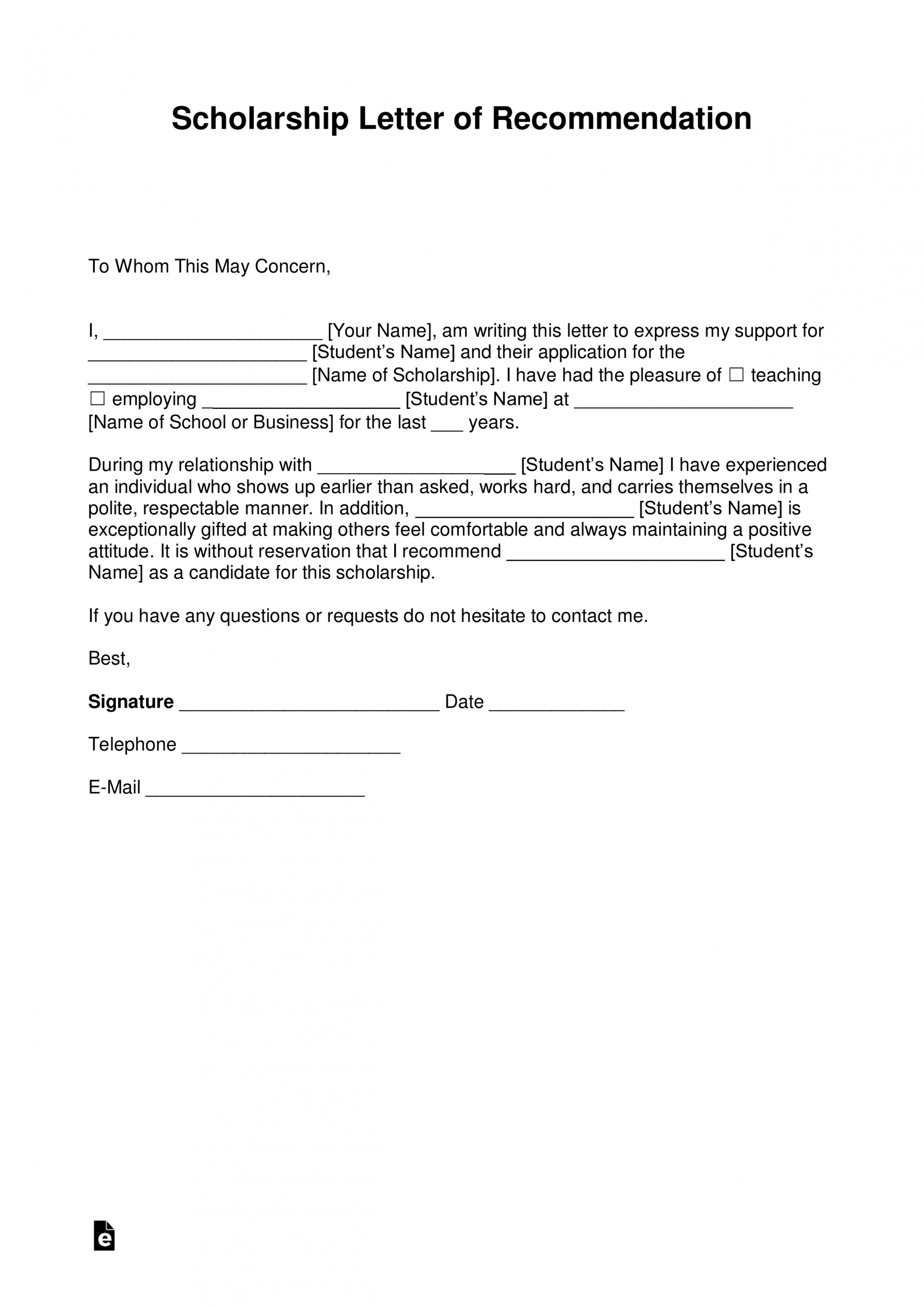 Free Recommendation Letter For Scholarship Template With pertaining to proportions 2473 X 3497