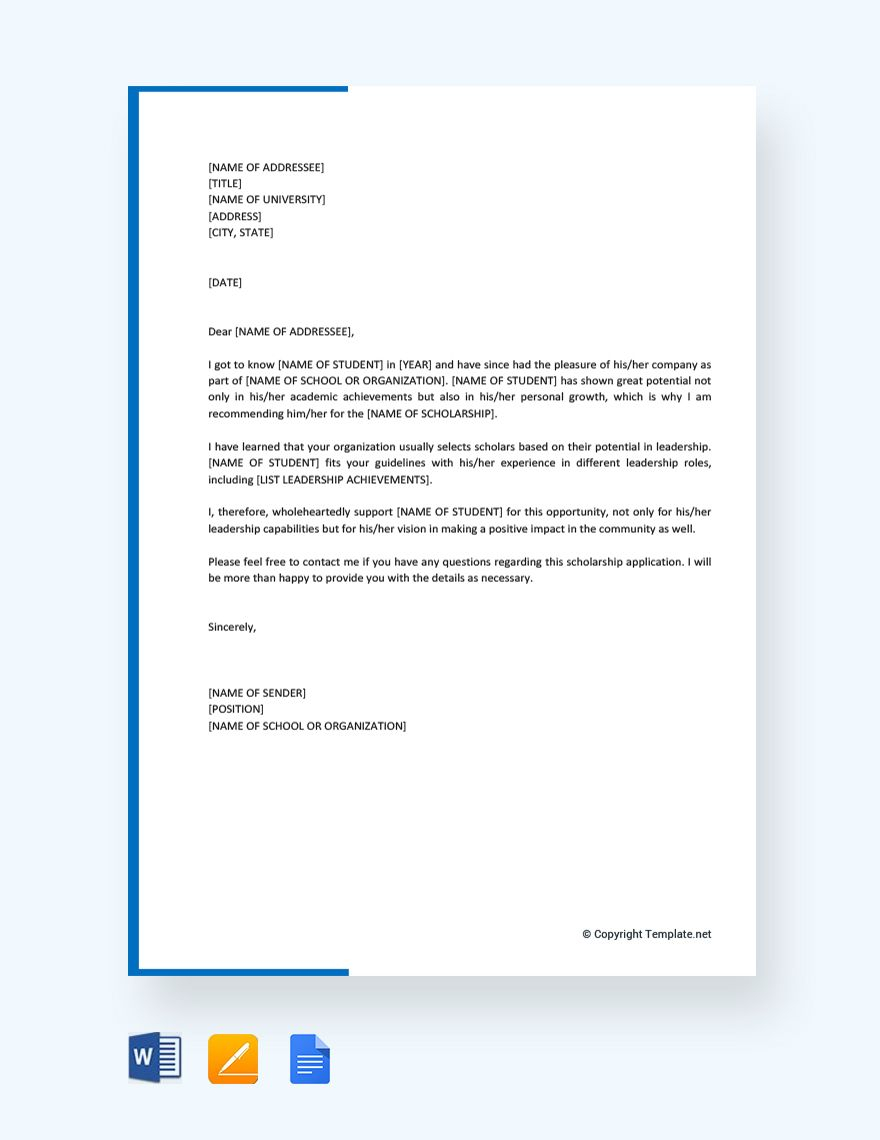 Free Recommendation Letter For Student Scholarship Student for measurements 880 X 1140