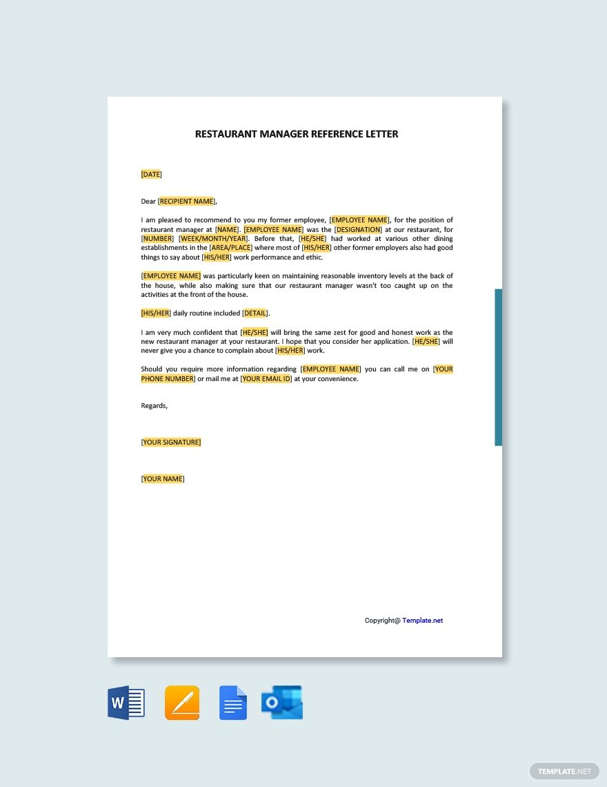 Free Restaurant Manager Reference Letter Reference Letter regarding proportions 880 X 1140