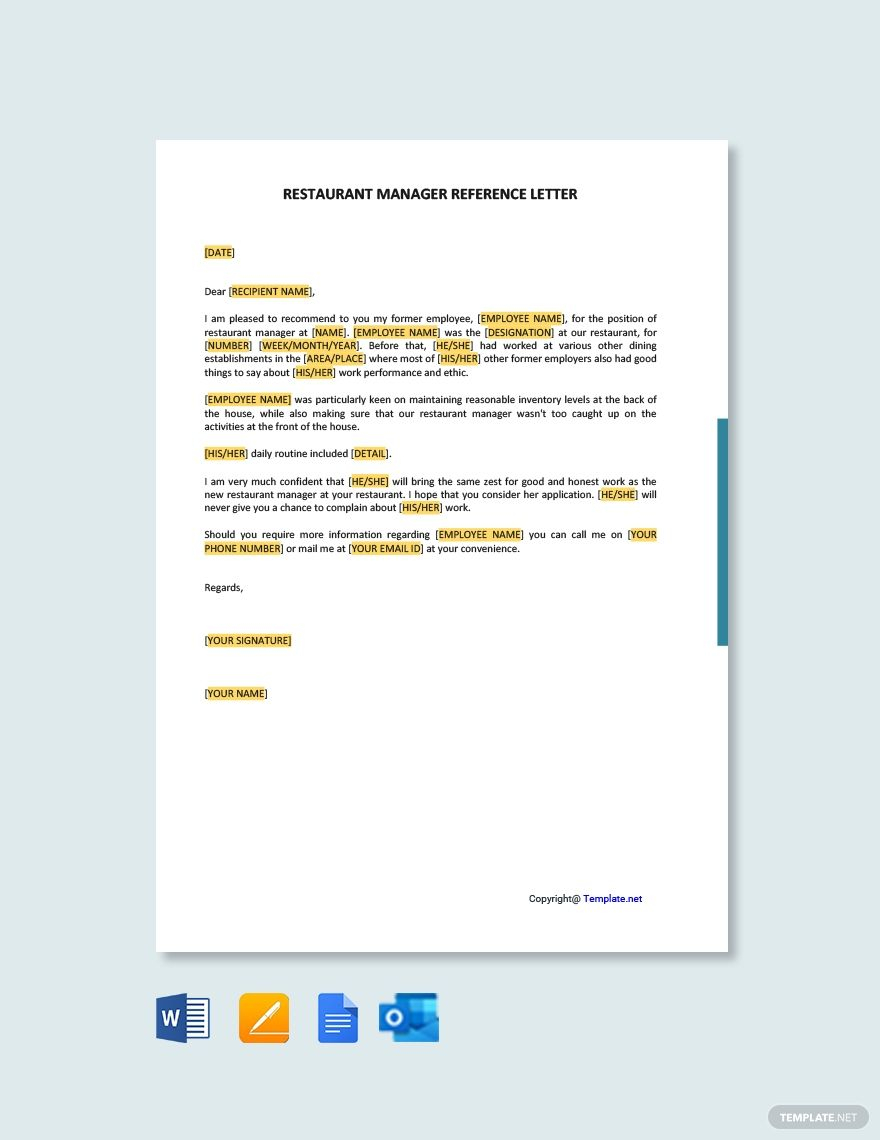 Free Restaurant Manager Reference Letter Reference Letter throughout dimensions 880 X 1140