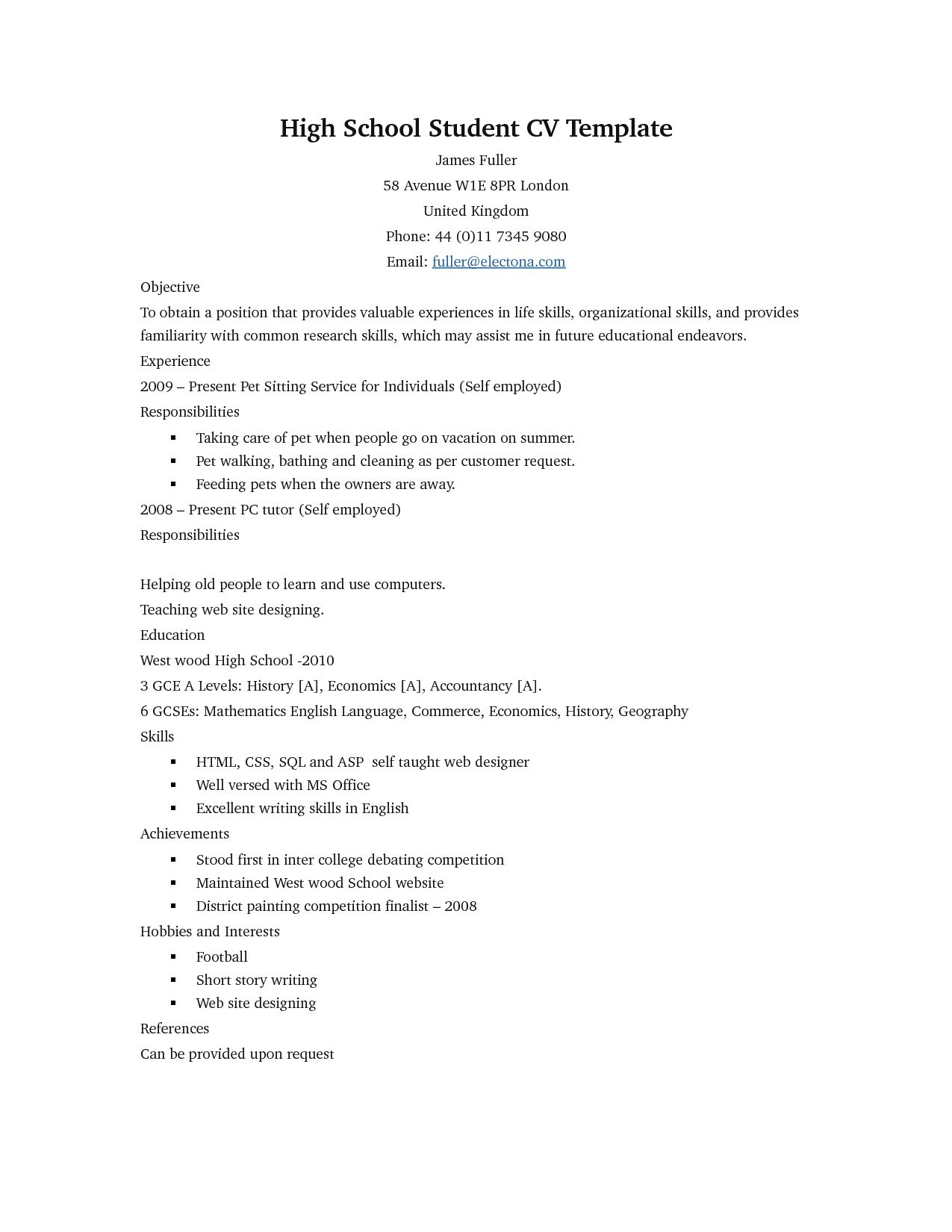 Free Resume Templates For High School Students High School regarding proportions 1275 X 1650