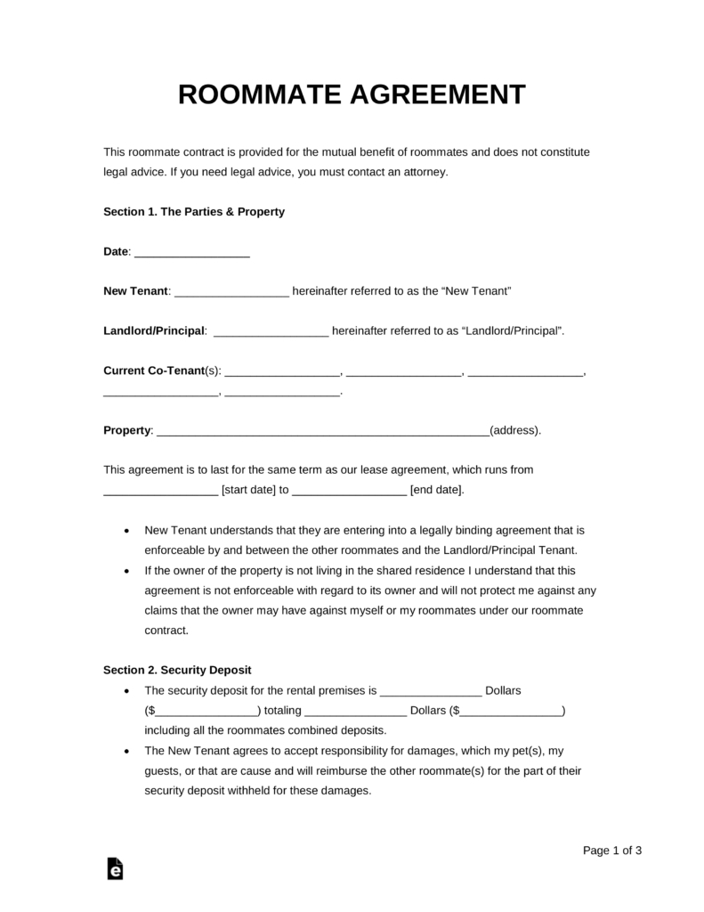 Free Roommate Room Rental Agreement Template Pdf Word Eforms for size 791 X 1024