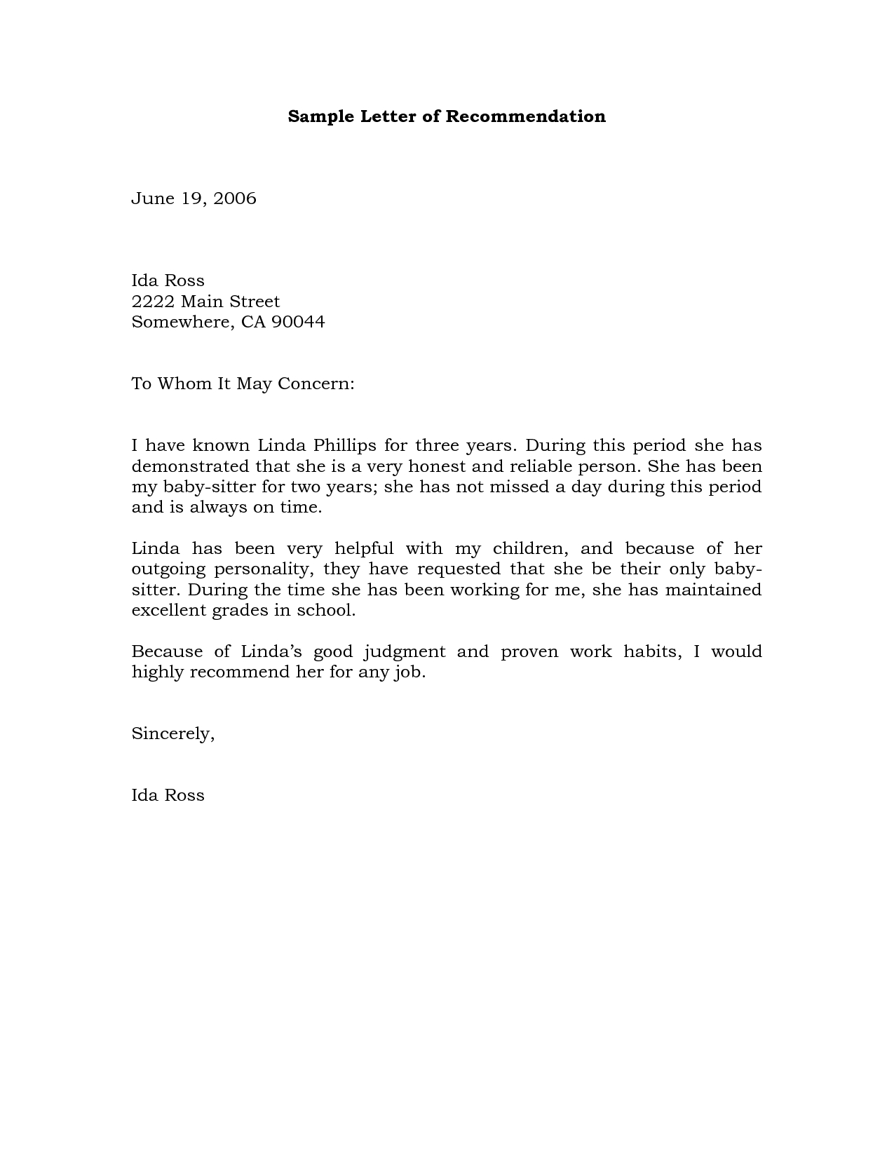 Free Sample Letter Of Recommendation Template Templates with dimensions 1275 X 1650