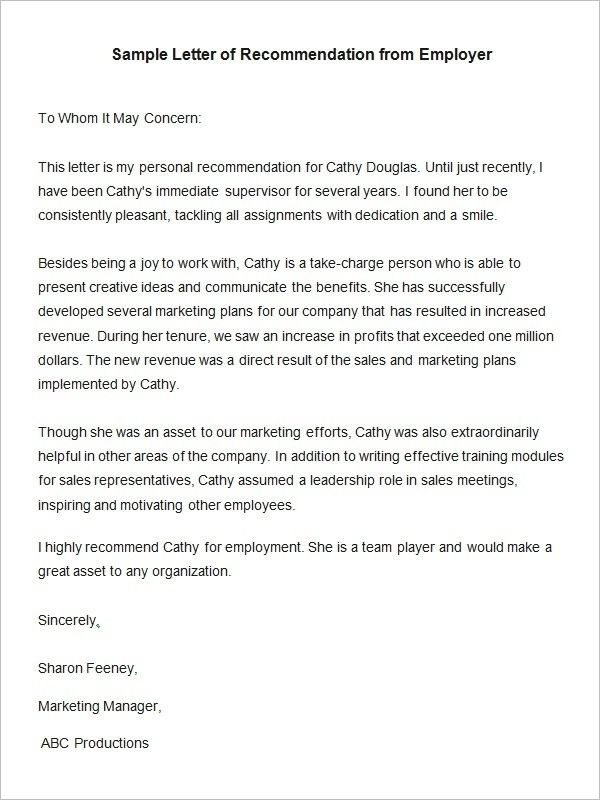 Free Sample Personal Letter Of Recommendation For Employment throughout size 600 X 800