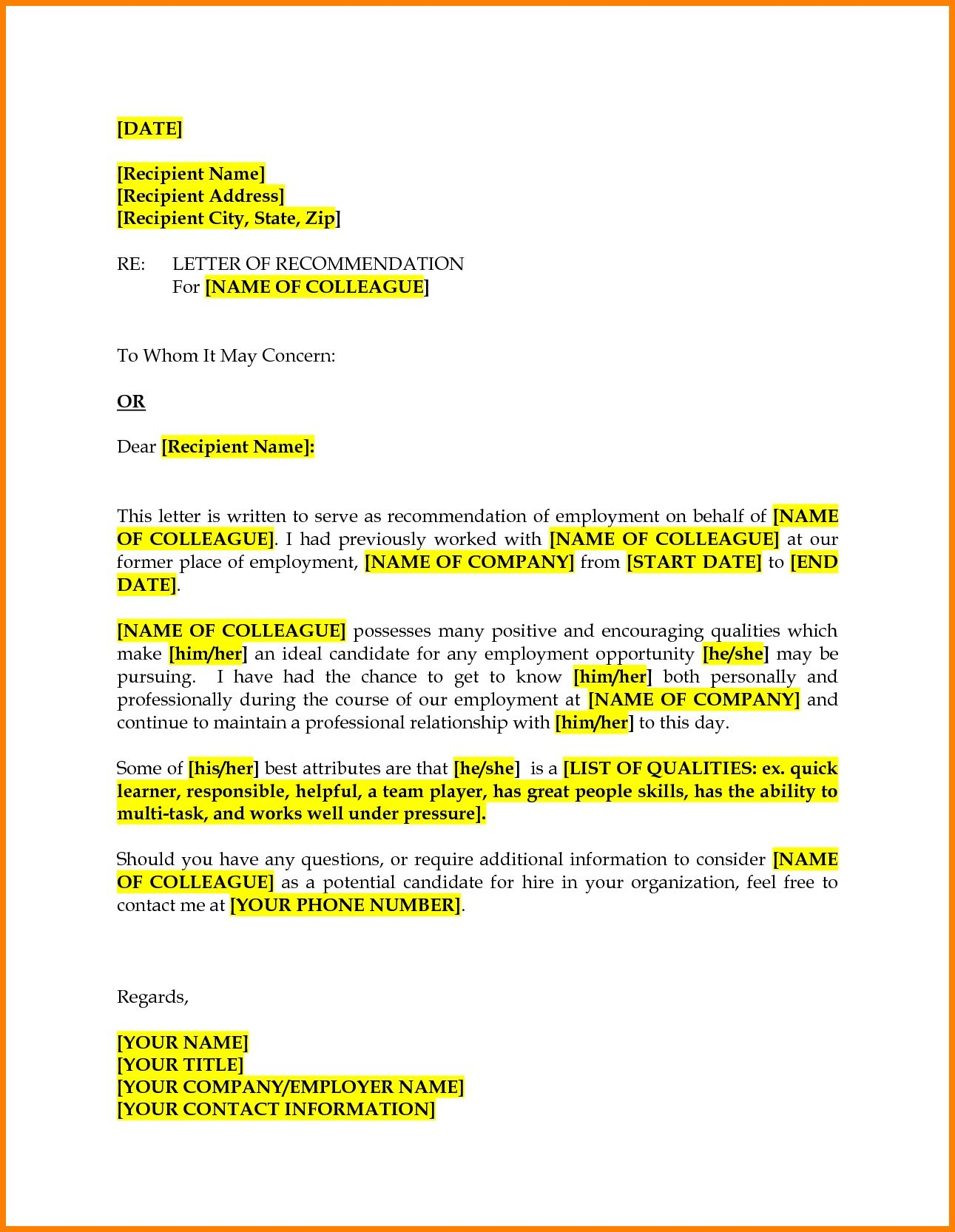 Character Reference Free Sample Letter Of Recommendation For Coworker