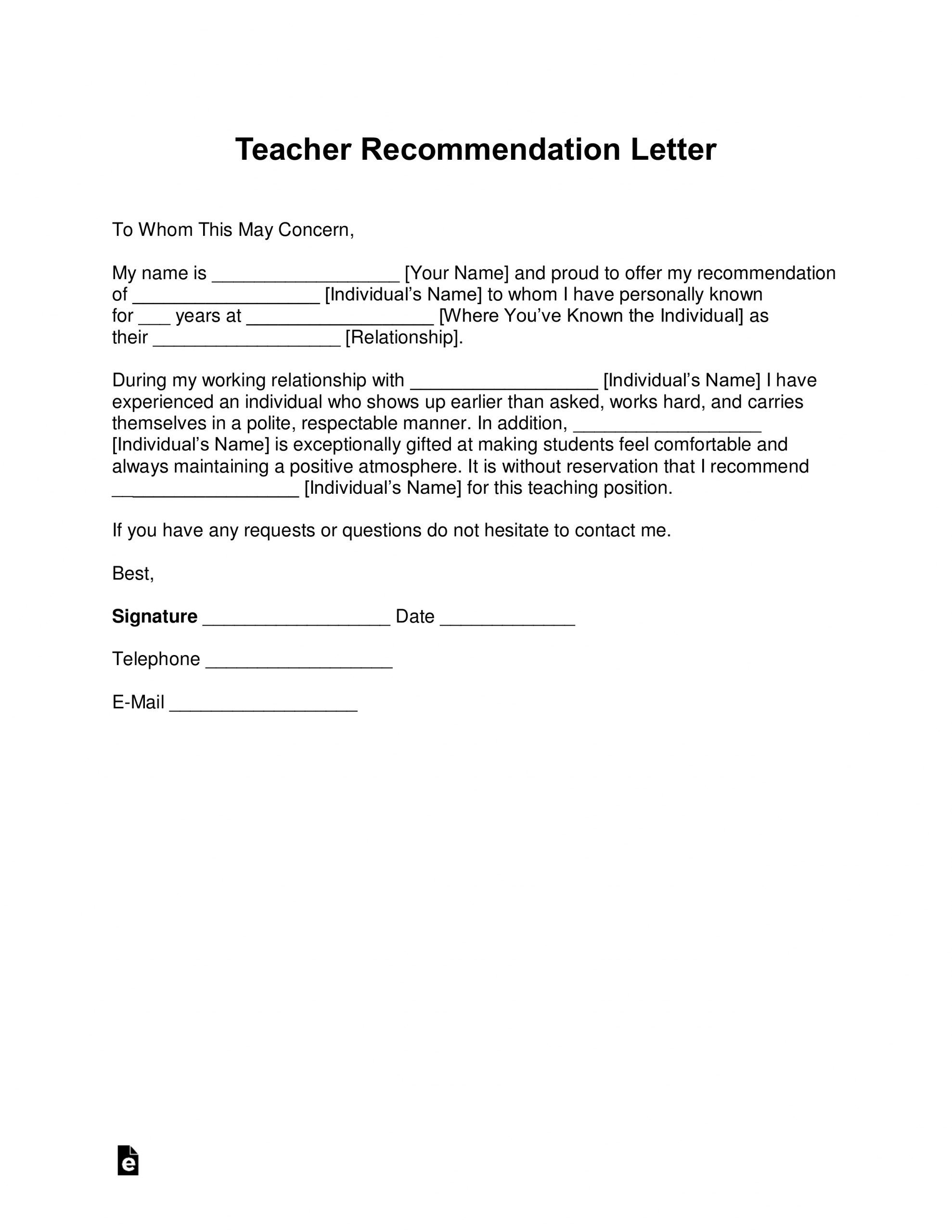 Free Teacher Recommendation Letter Template With Samples for measurements 2550 X 3301