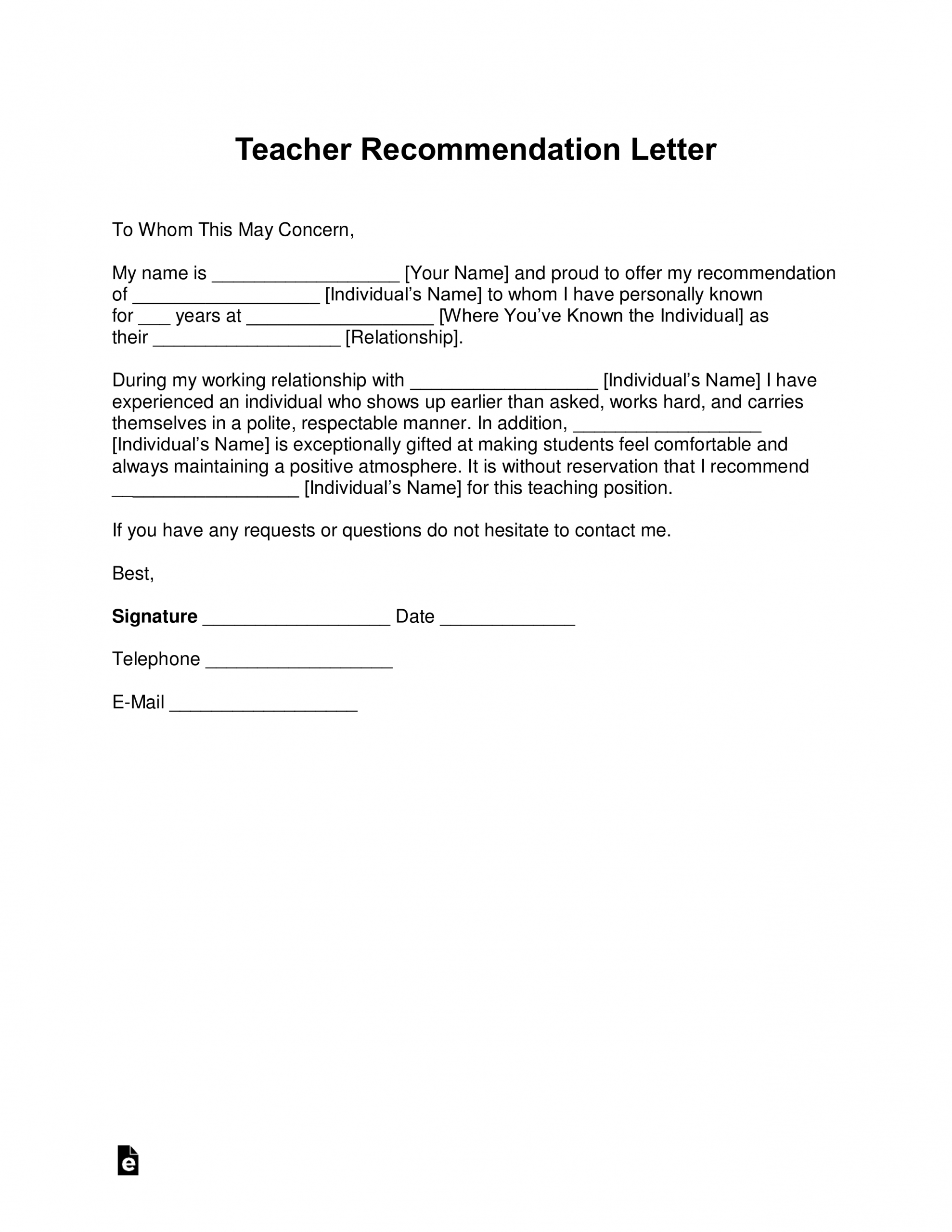 Free Teacher Recommendation Letter Template With Samples for size 2550 X 3301
