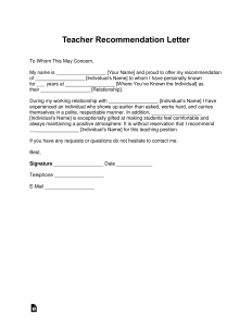 Free Teacher Recommendation Letter Template With Samples inside size 2550 X 3301