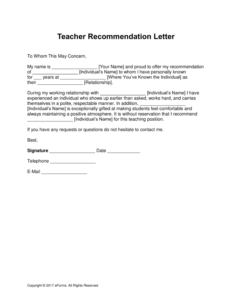 Free Teacher Recommendation Letter Template With Samples with proportions 791 X 1024
