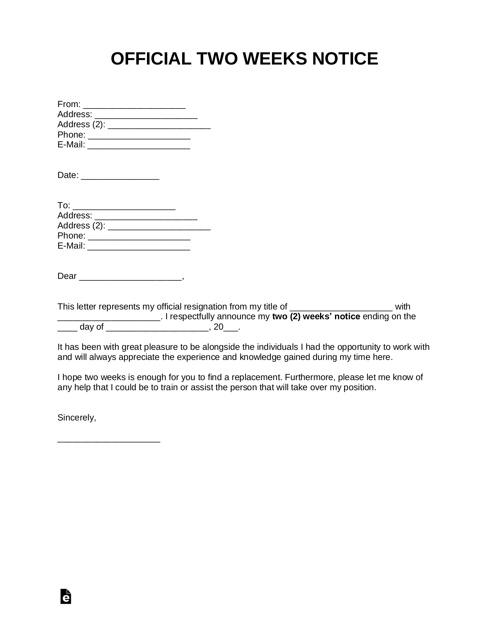 Free Two Weeks Notice Letter Templates Samples Pdf with size 1600 X 2070