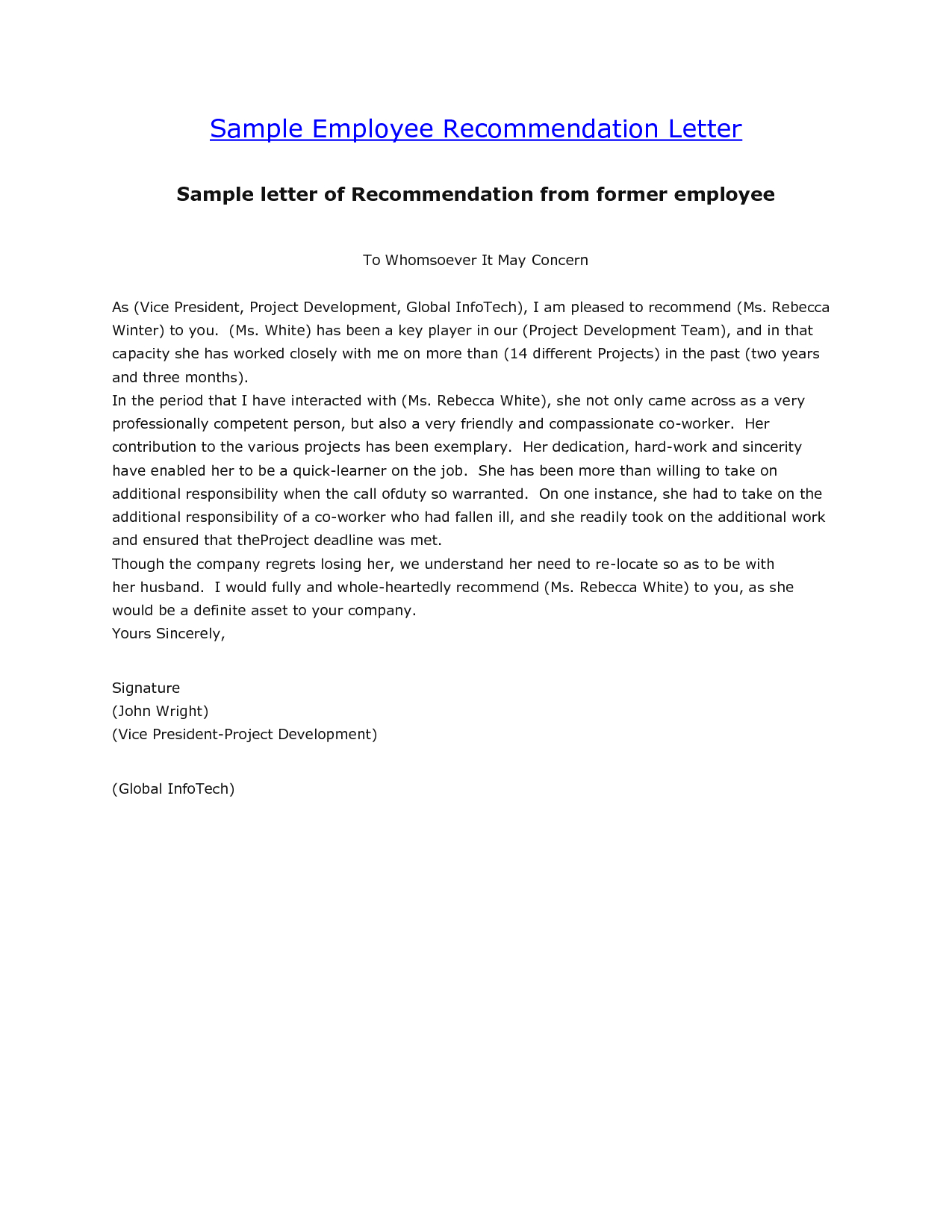 Fresh Sample Recommendation Letter For Employee Download inside measurements 1275 X 1650