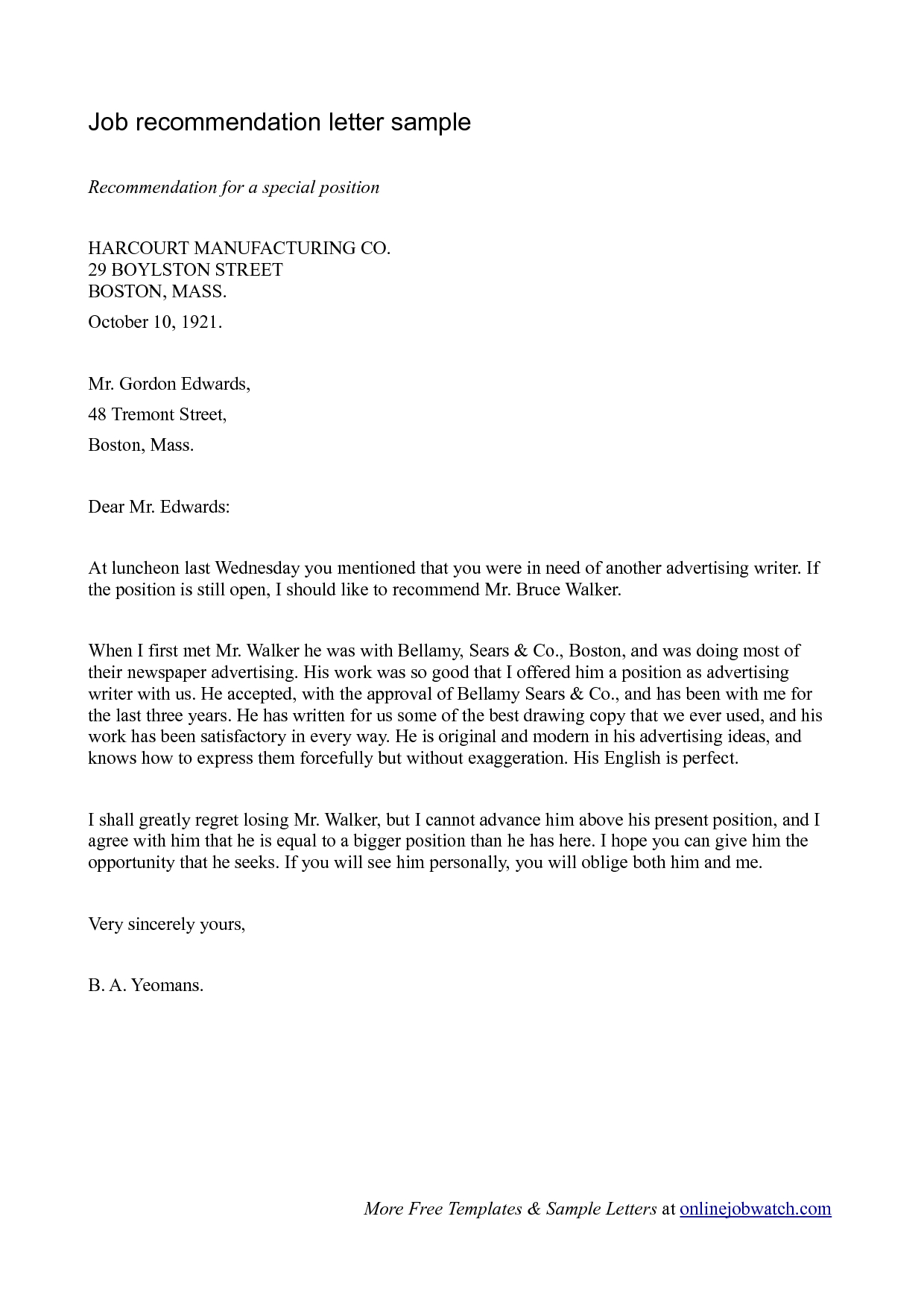 Fresh Sample Recommendation Letter For Employee Download throughout sizing 1240 X 1754