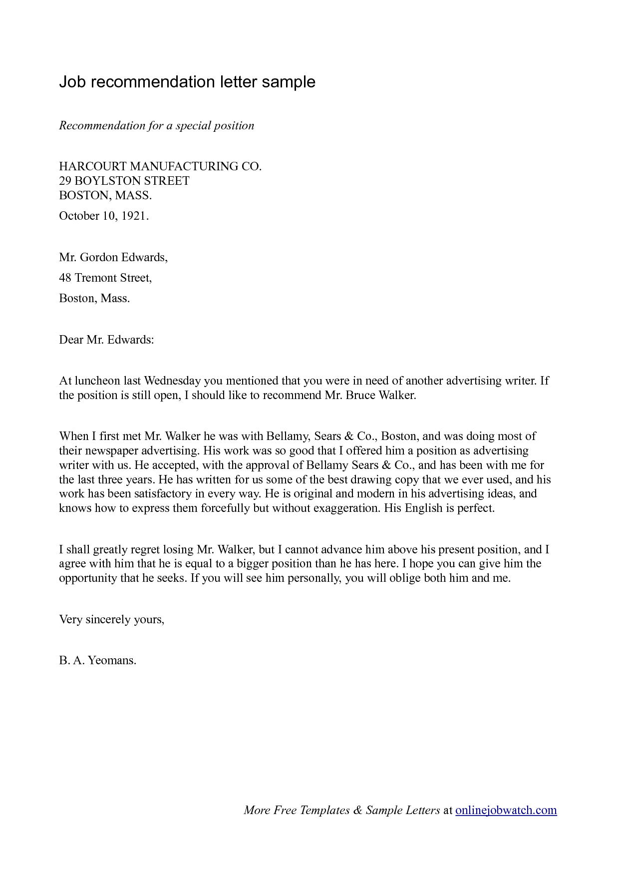 Fresh Sample Recommendation Letter For Employee Download with size 1240 X 1754