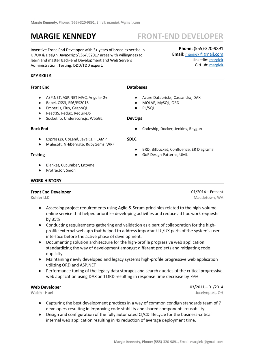 Front End Developer Resume Akali with sizing 880 X 1244