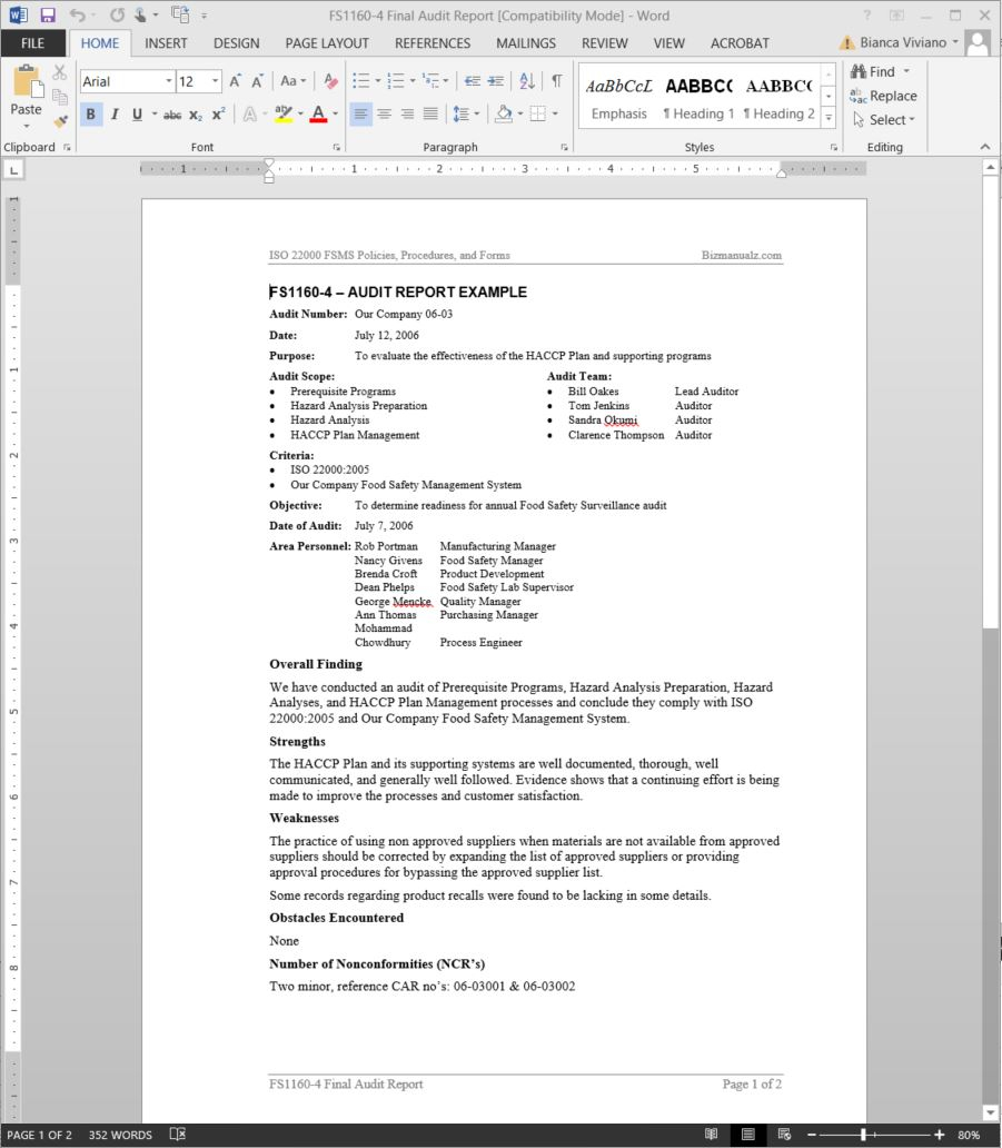 Fsms Audit Report Example Template Fds1160 4 regarding measurements 901 X 1032