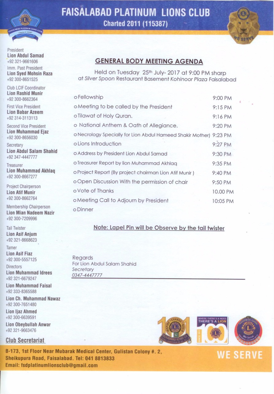 General Body Meetings Faisalabad Platinum Lions Club inside dimensions 892 X 1280