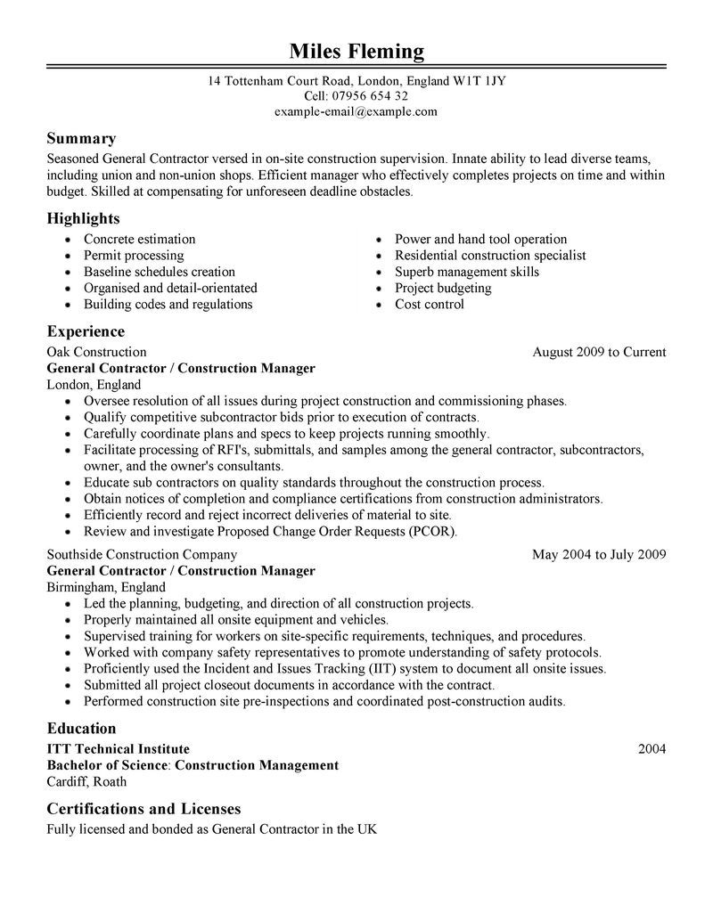 General Contractor Resume Samples Akali in size 800 X 1035