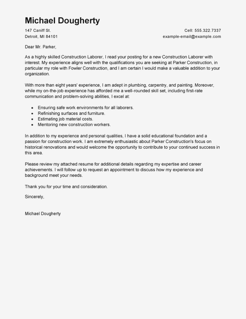 General Laborer Cover Letter Menom within sizing 791 X 1024