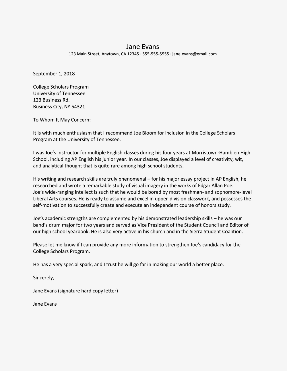 General Letter Of Recommendation For High School Student Enom for proportions 1000 X 1294