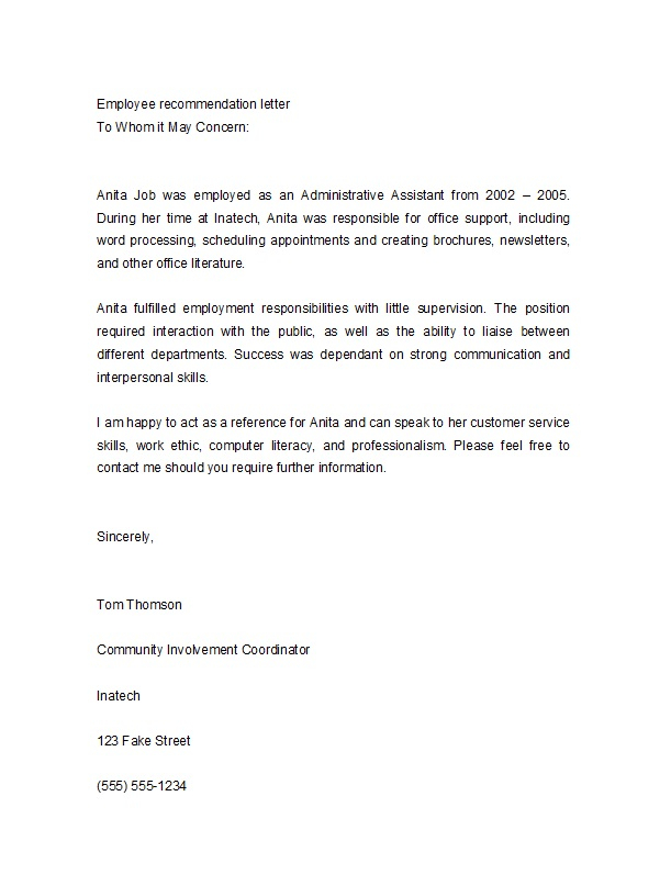 General Recommendation Letter For Employee Caflei with dimensions 611 X 807