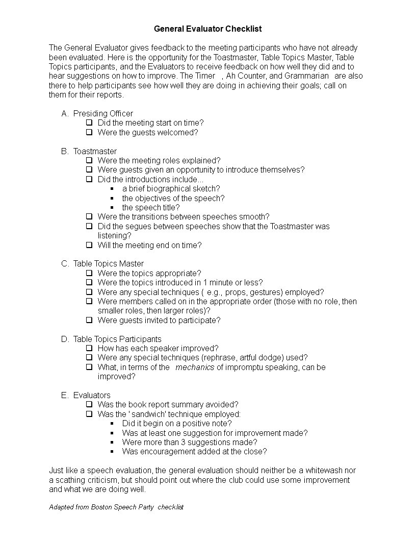 General Toastmasters Evaluator Checklist Templates At intended for proportions 816 X 1056