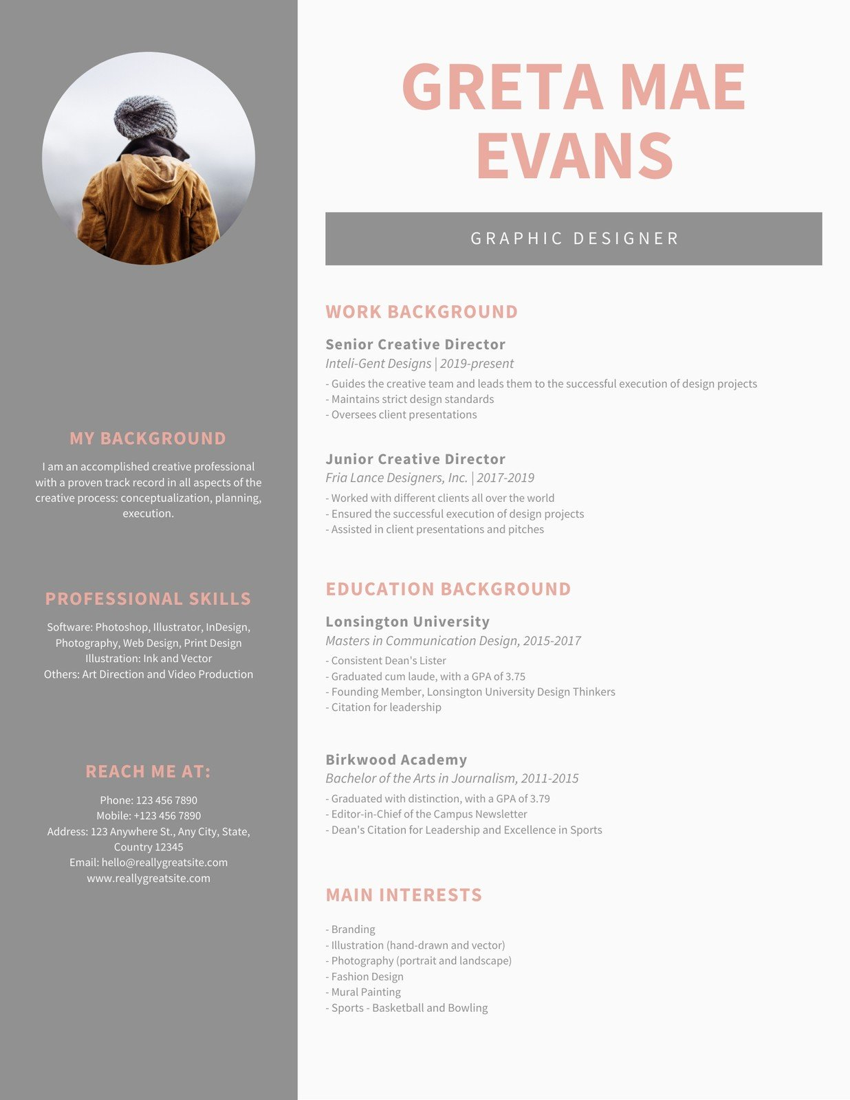 Gray Sidebar Graphic Design Resume Templates Canva with size 1236 X 1600