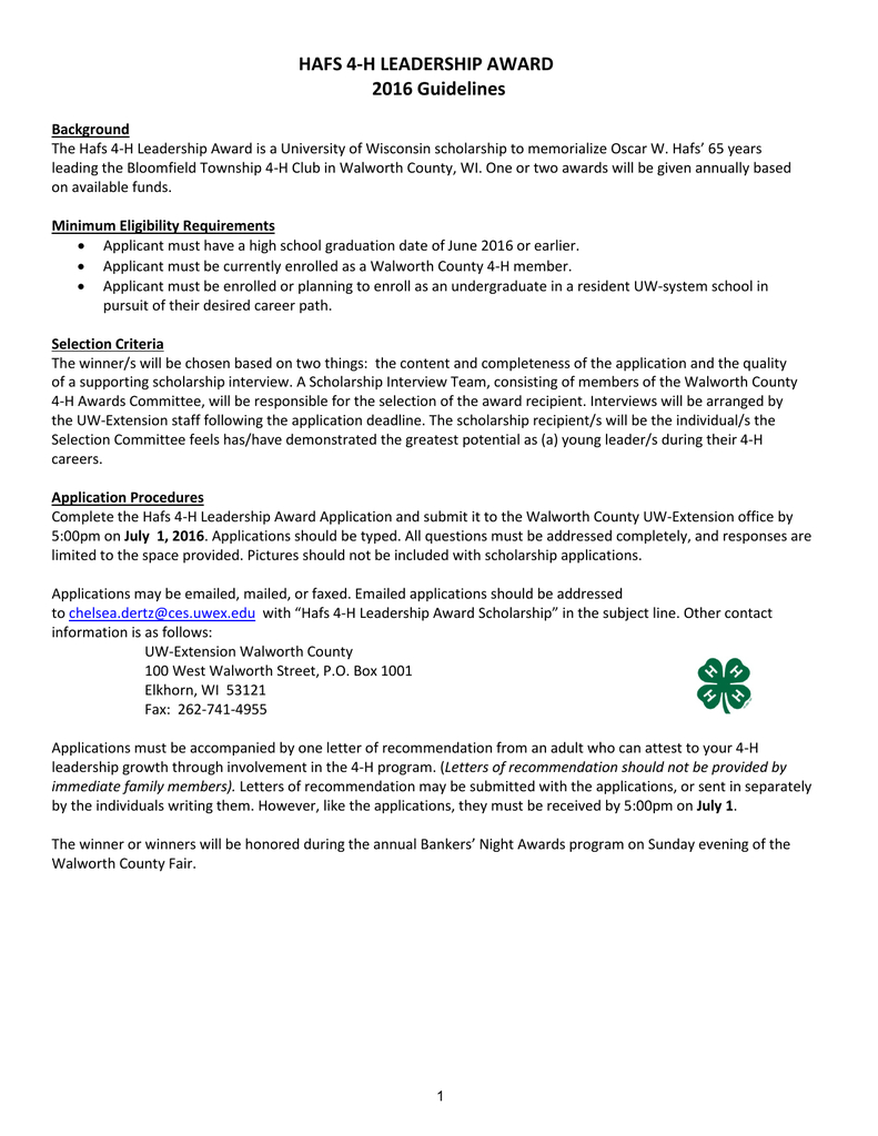 Hafs 4 H Leadership Award 2016 Guidelines within dimensions 791 X 1024