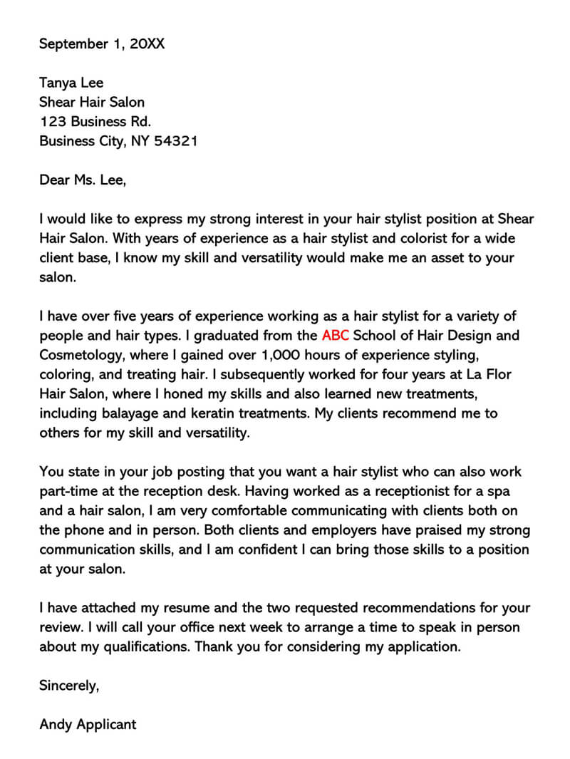 Hair Stylist Cover Letter 10 Sample Letters Email Examples with regard to sizing 800 X 1065