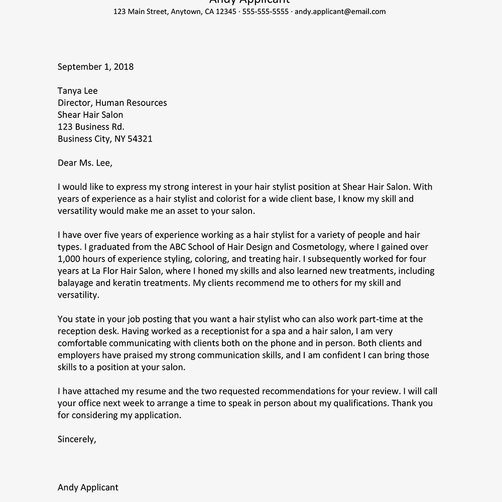 Hair Stylist Cover Letter And Resume Examples regarding size 1000 X 1000