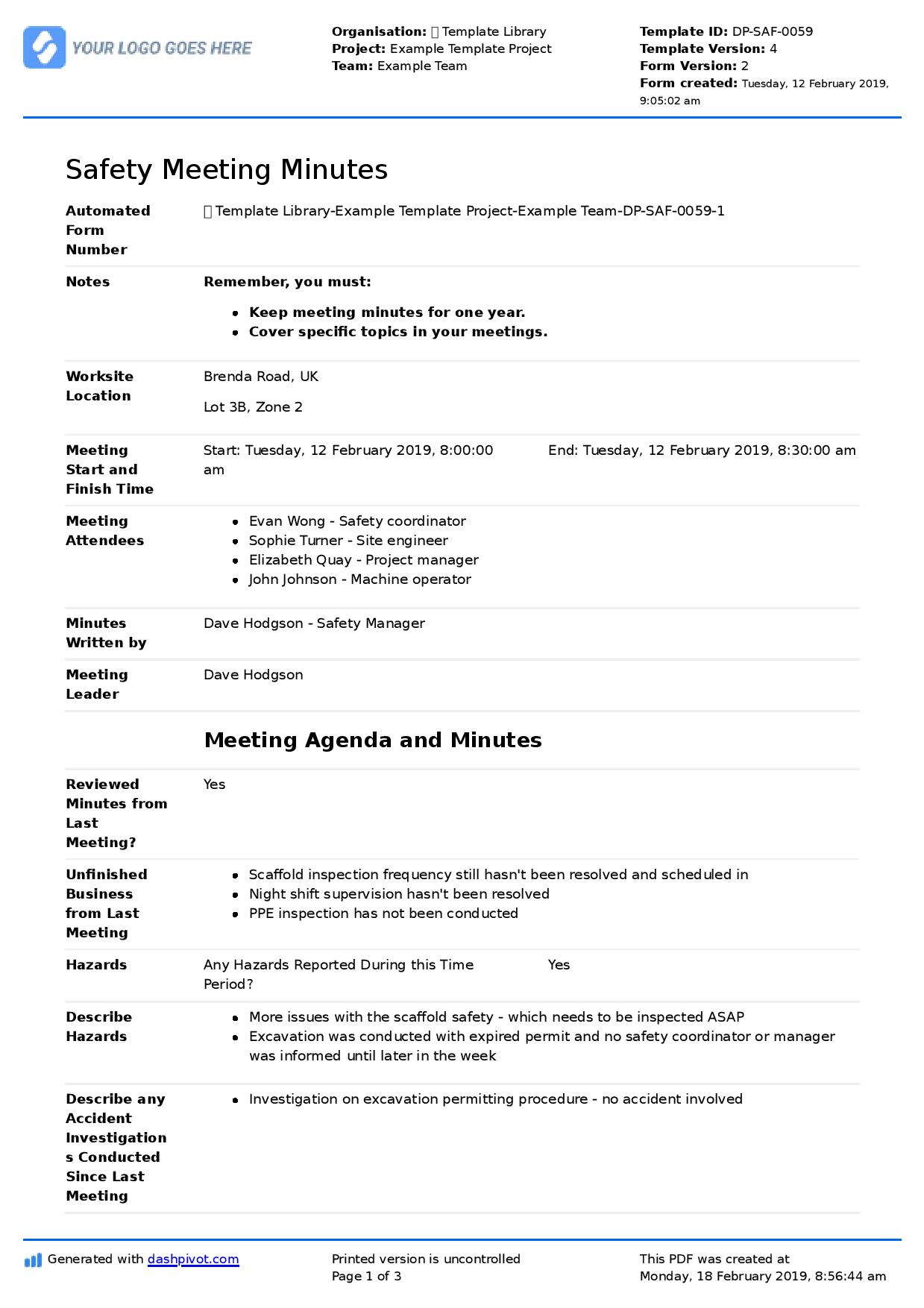 Health And Safety Minutes Of Meeting Template Debandje pertaining to dimensions 1239 X 1754