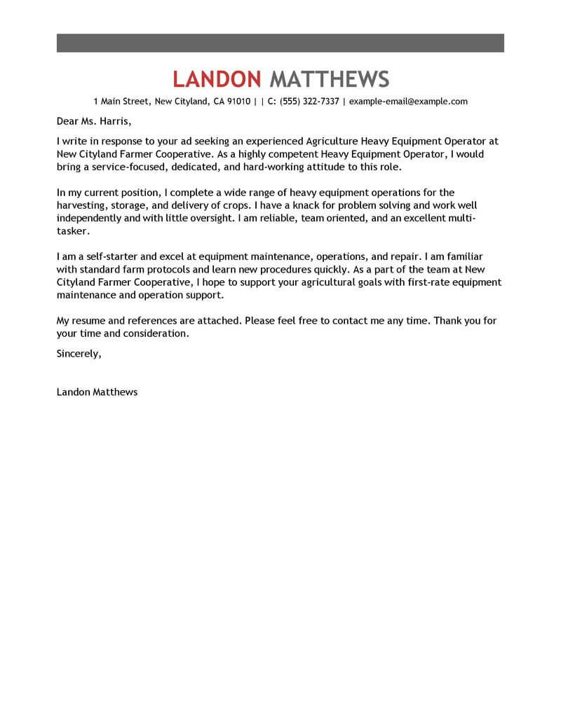 Heavy Equipment Operator Cover Letter Example Cover with proportions 800 X 1035