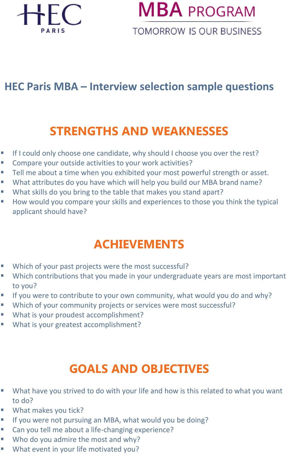 Hec Paris Mba Interview Selection Sample Questions Strengths intended for sizing 960 X 1519