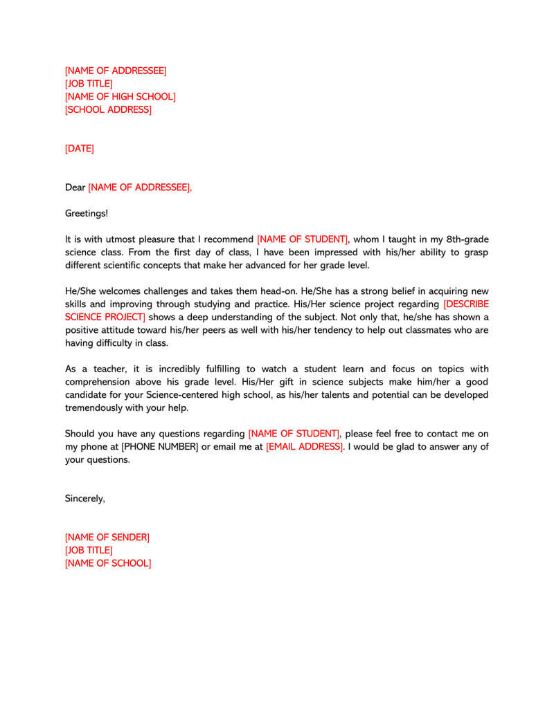 High School Recommendation Letter 12 Sample Letters for sizing 800 X 1035