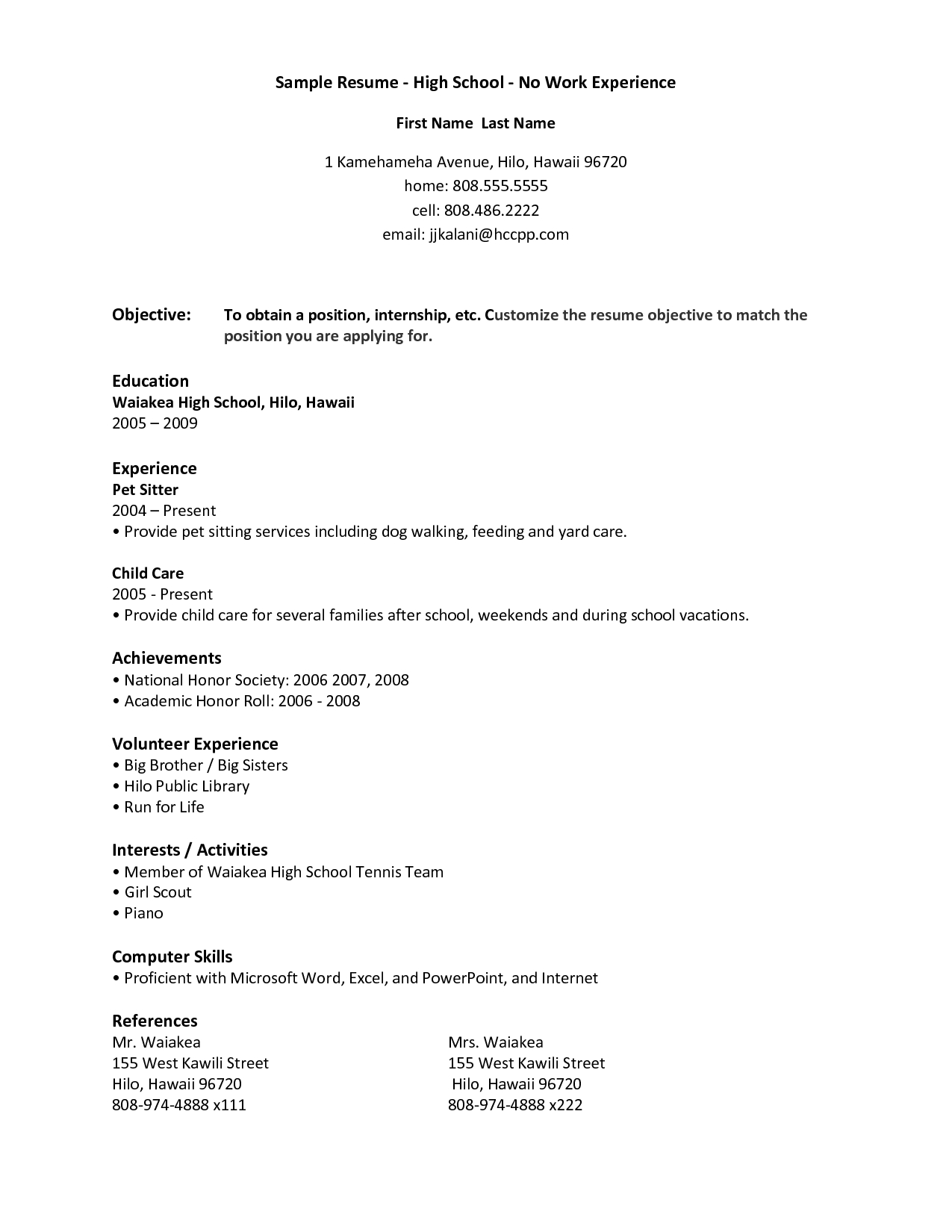 High School Student Resume Templates No Work Experience inside size 1275 X 1650