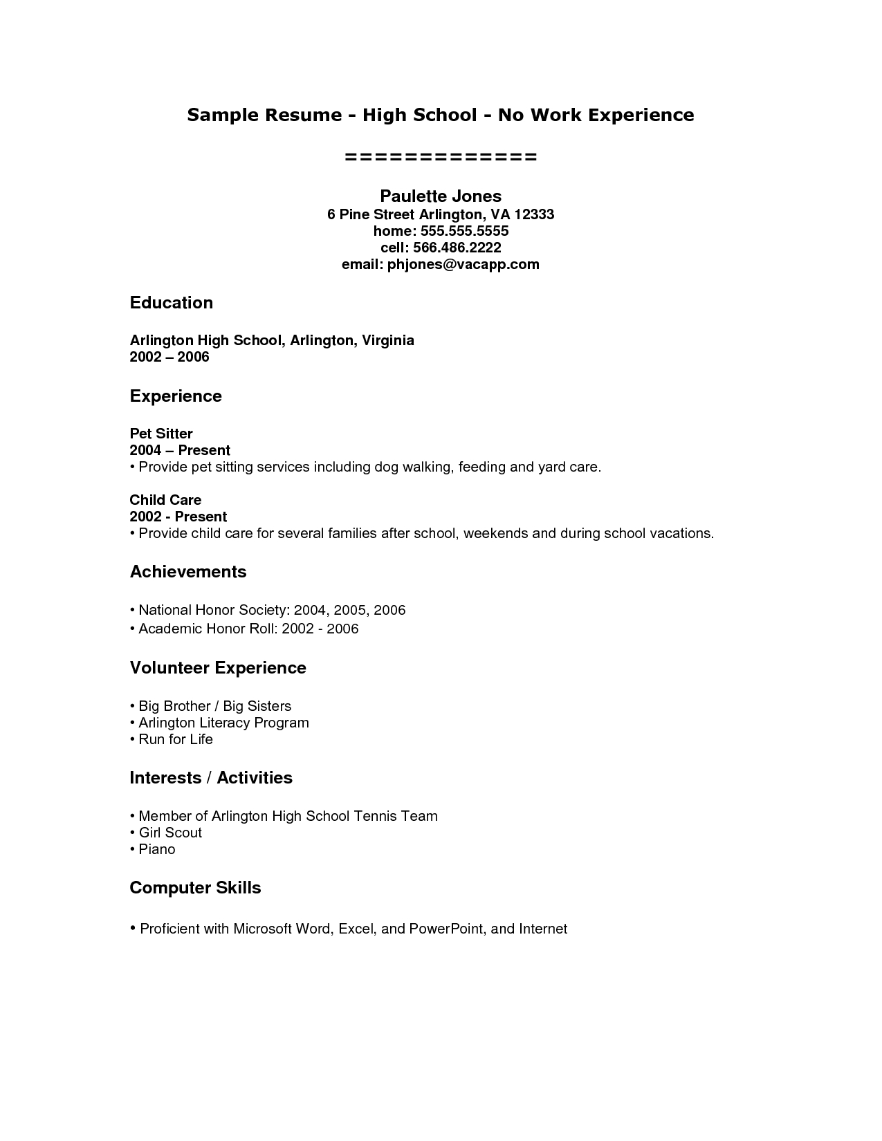 High School Student Sample Resume With No Experience Best for size 1275 X 1650