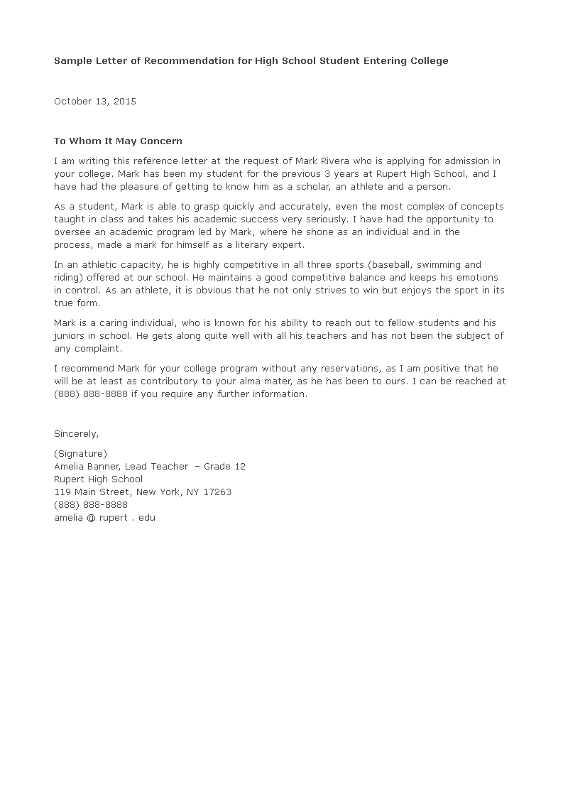 High School Teacher Recommendation Letter For Student in proportions 793 X 1122