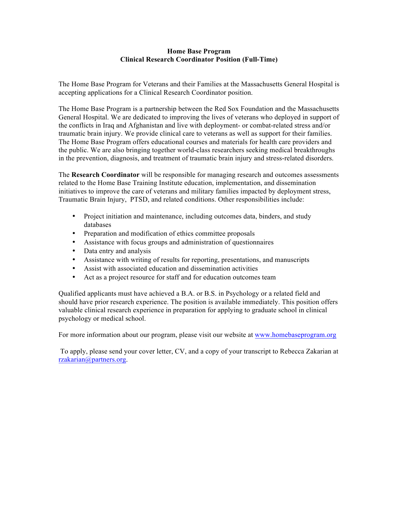 Home Base Program Clinical Research Coordinator Position pertaining to size 791 X 1024