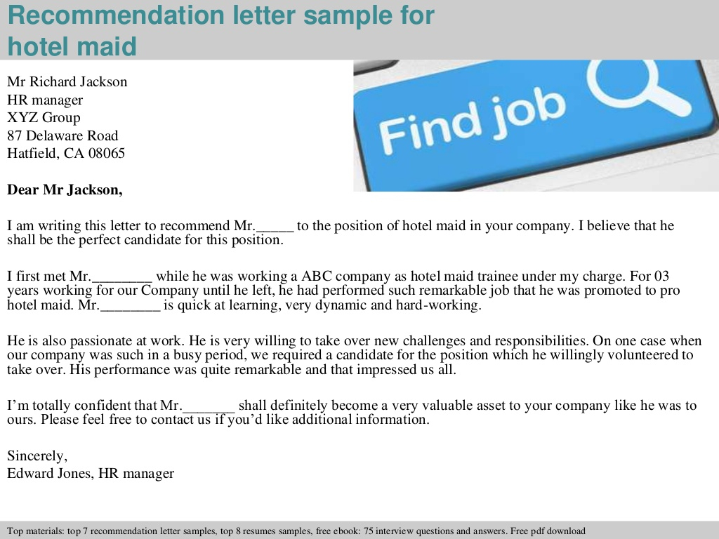 Hotel Maid Recommendation Letter with measurements 1024 X 768