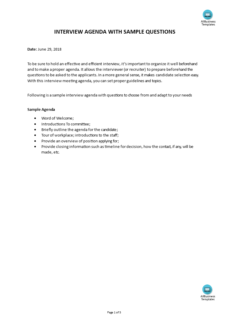 Hr Candidate Interview Agenda With Sample Questions with dimensions 793 X 1122