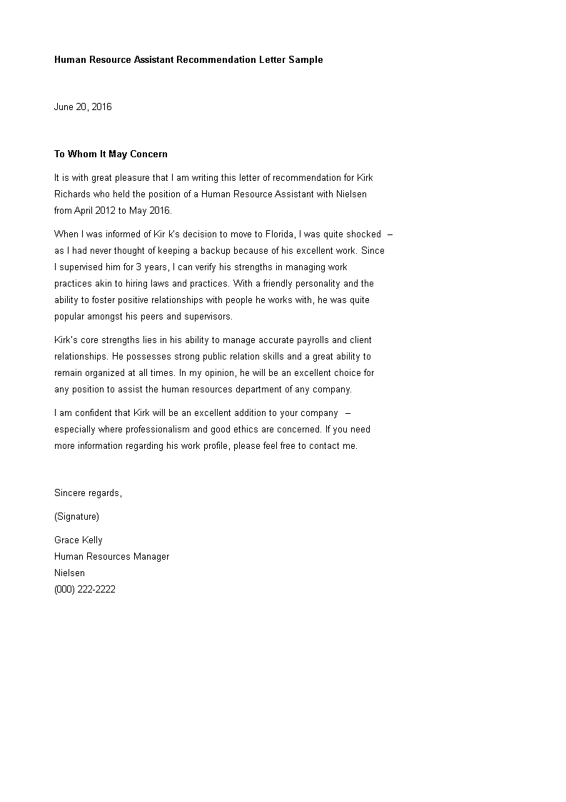 Human Resource Assistant Recommendation Letter Templates inside measurements 793 X 1122