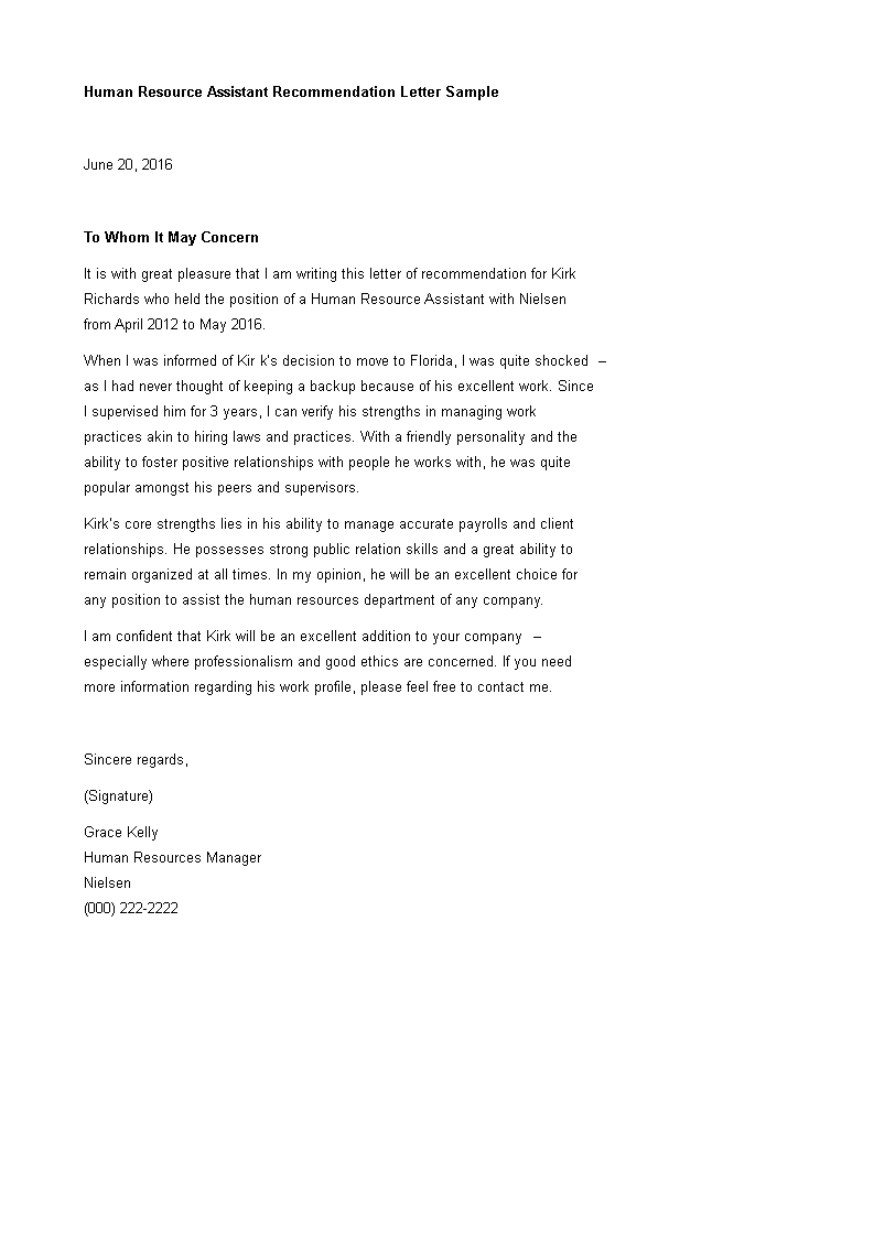 Human Resource Assistant Recommendation Letter Templates within proportions 793 X 1122