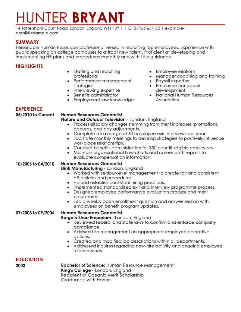 Human Resources Resume Template For Microsoft Word Livecareer throughout size 800 X 1035