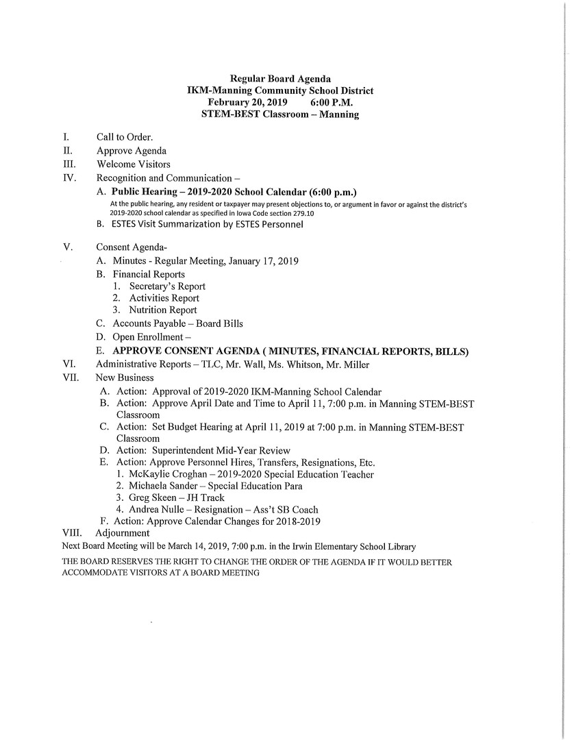 Ikm Manning Csd February 2019 Board Meeting Agenda intended for proportions 835 X 1080